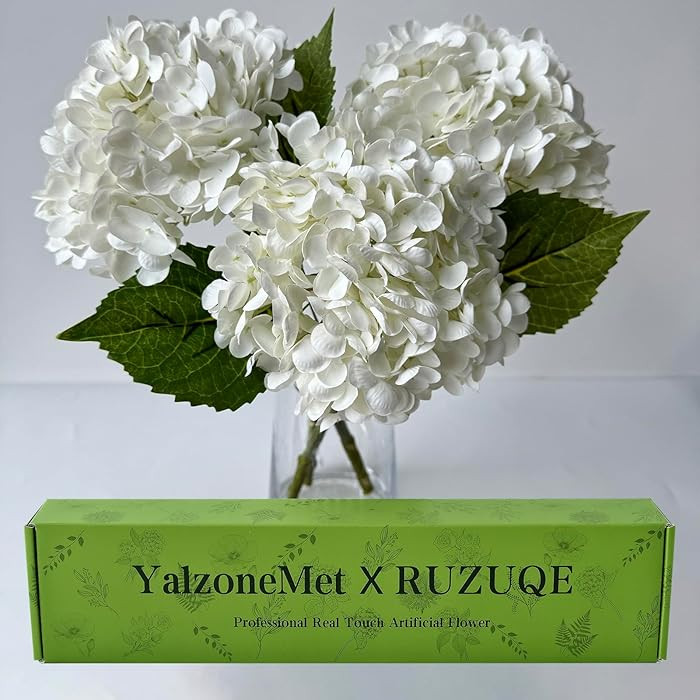 YalzoneMet 3 PCS White Hydrangea Artificial Flowers 21 inchs Real Touch Faux Hydrangea Flowers fo... | Amazon (US)