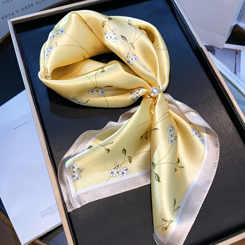 TEMU Elegant Yellow Floral Print Silk Scarf - Silk, Breathable & Soft, Valentine's Day, Ideal For Festive Occasions, Hand Washable, Decorative Headwear | Elegant Accessory | Smooth Texture | Temu Affiliate Program