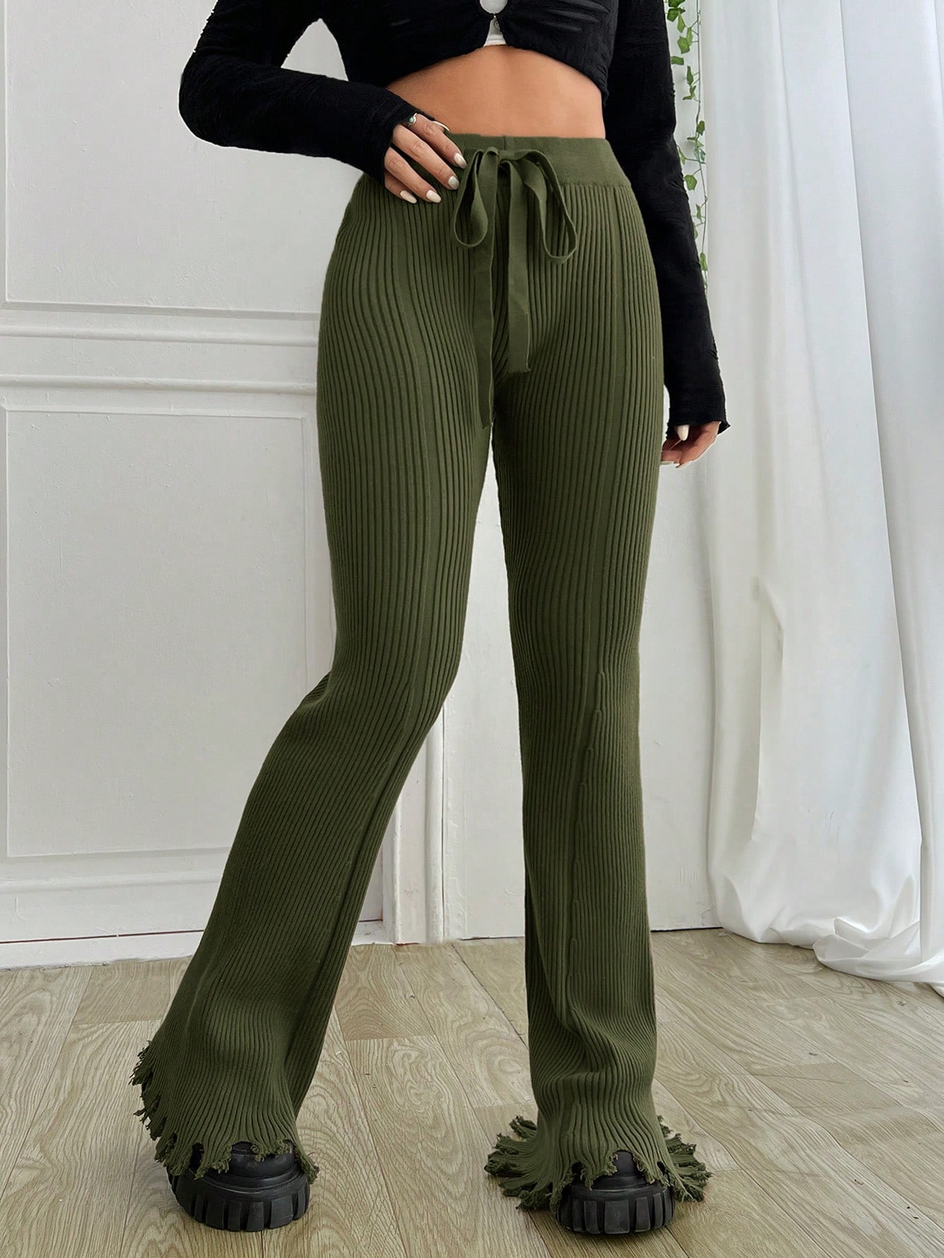 SHEIN EZwear Drawstring Waist Distressed Hem Flare Leg Knit Pants | SHEIN