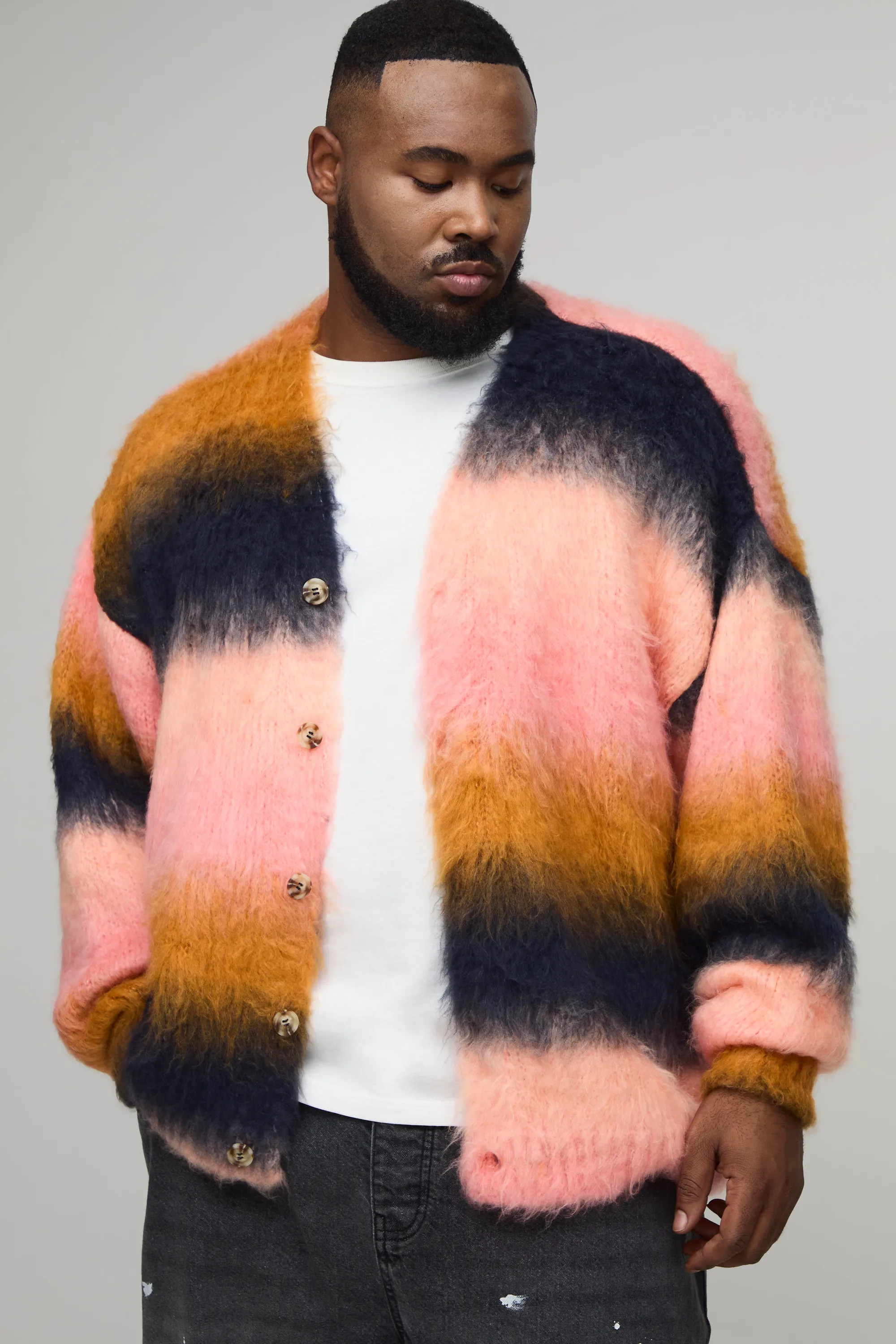 Plus Boxy Oversized Brushed Stripe Knitted Cardigan | boohooMAN (DE, IE & UK)