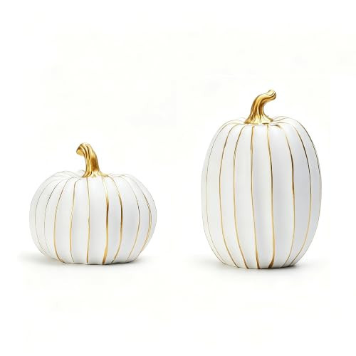 yumhum 2Pcs Resin Pumpkin Figurines, Gold Stripe Fall Thanksgiving Decor | Amazon (US)