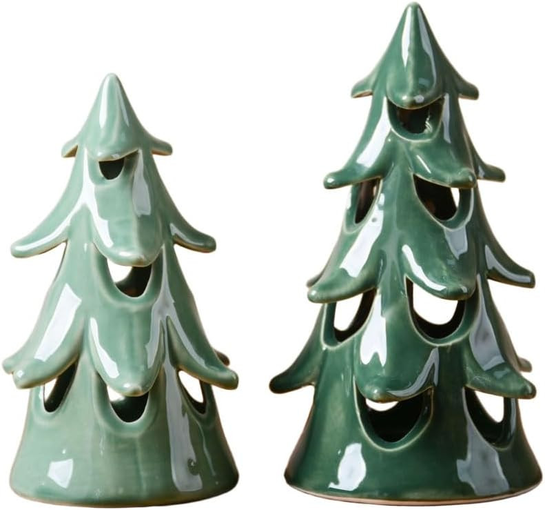 HAUCOZE 2pcs Ceramic Christmas Tree Figurine Decor Holiday Statue Gifts Santa Claus Sculpture Table Centerpiece Crafts Arts 6.3inch | Amazon (US)