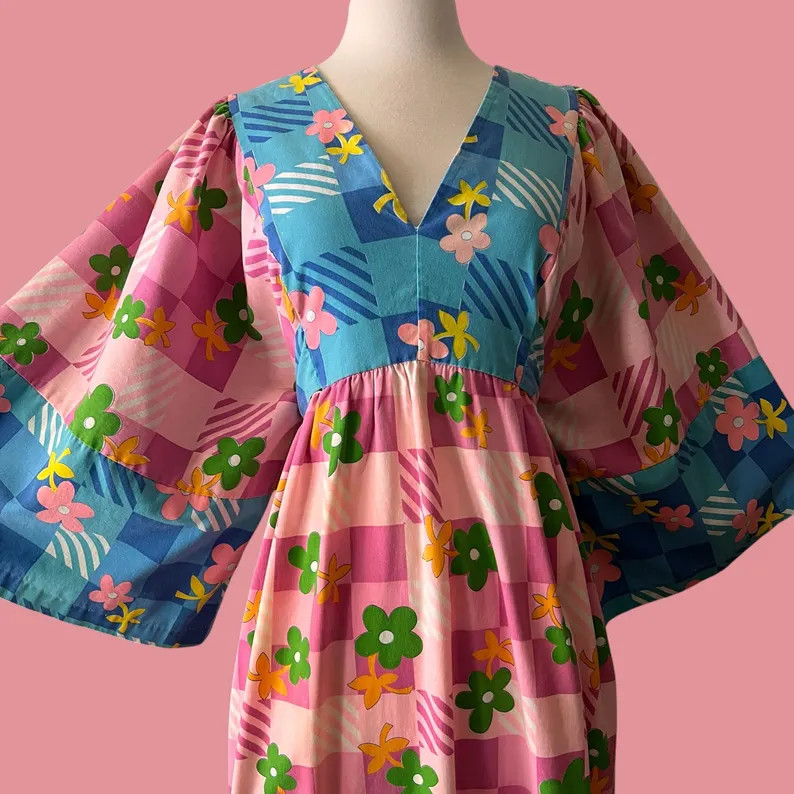 Vintage 70s Maxi Dress with Wide Flutter Sleeves: Hippie, Hippy, Boho, Bohemian, Flower Power | Etsy (Global)