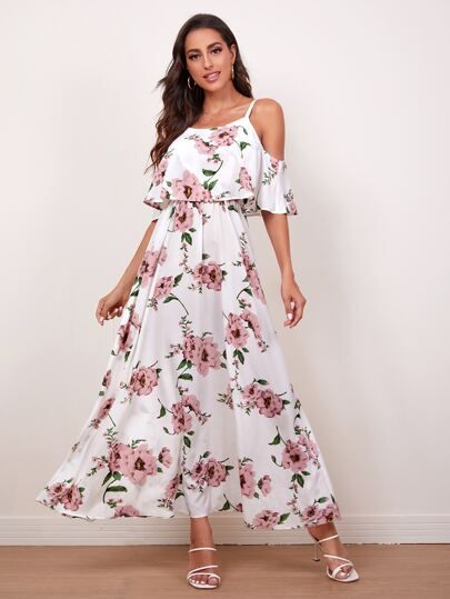 SHEIN Cold Shoulder Floral Print Maxi Dress | SHEIN