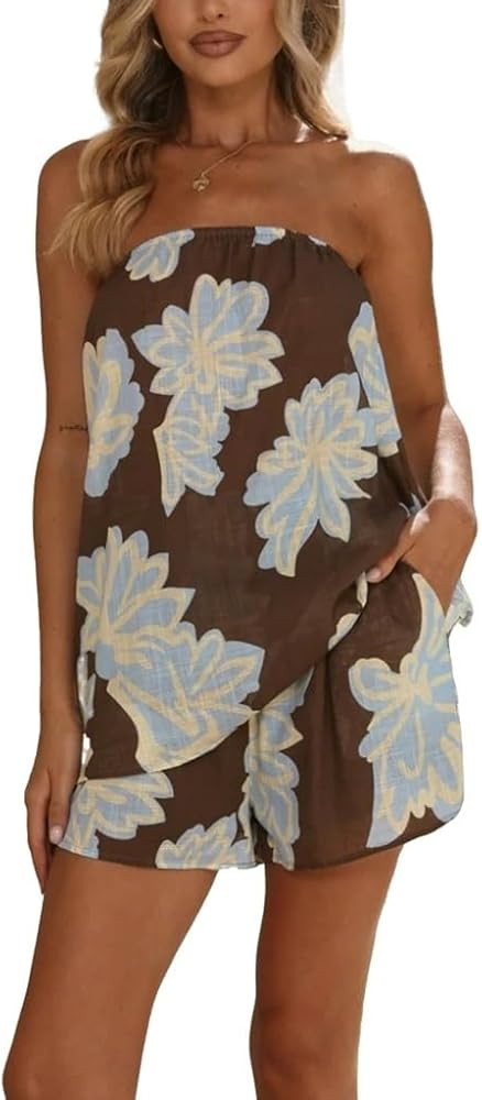 Two Piece Sets for Women Summer Floral Print Tube Top and Shorts Vacation Clothes | Amazon (US)