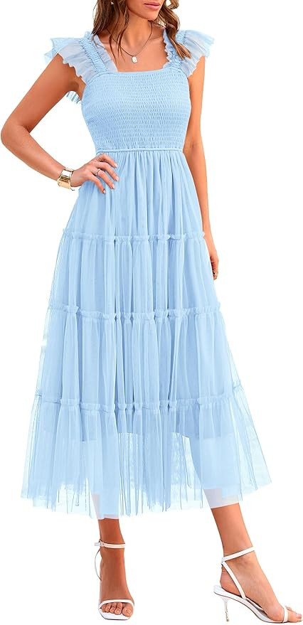 PRETTYGARDEN Women's Summer Tulle Midi Dress Sleeveless Smocked Ruffle Flowy Mesh Dresses Party W... | Amazon (US)