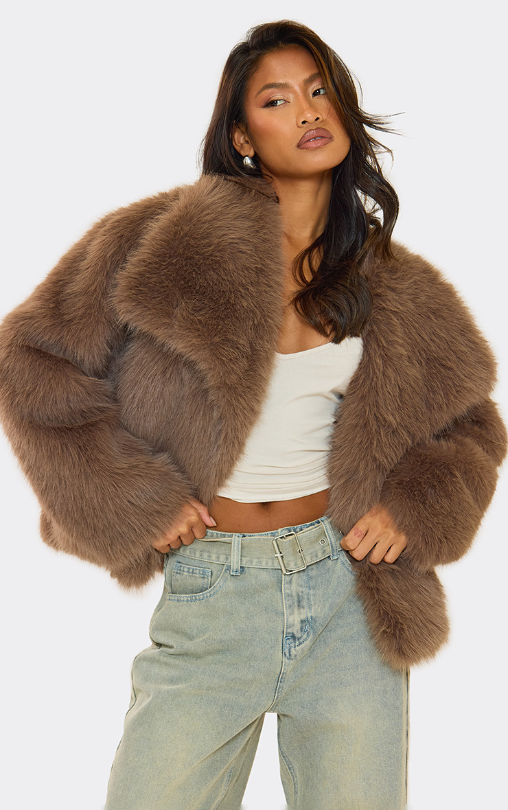 Oversized Collar Detail Cropped Fur Jacket In Taupe | EGO Shoes (US & Canada)