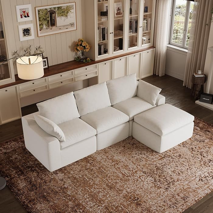 Novilla 104.3" Modular Cloud Couch, Modern Sectional Sofa with Smarts Coil® Support, Chenille Fabric, Upholstered Couch for Living Room Apartments Bedroom, No Assembly, 3 Seater + 1 Ottoman, White | Amazon (US)