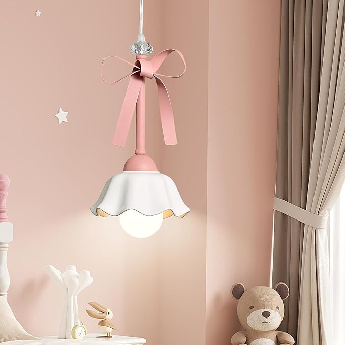 Bow Pendant Light for Girl's Bedroom, Pink Ceramic Ceiling Light Fixture with Crystal Accents, Ch... | Amazon (US)