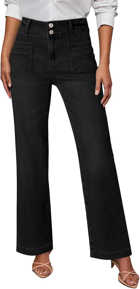 Sidefeel Women's Wide Leg Jeans High Waisted Tummy Control Stretchy Pockets Front Straight Leg Je... | Amazon (US)