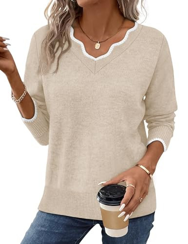Fall Sweaters for Women Fall Tops for Women 2025 Cozy V Neck Sweaters for Women Tunic Long Sleeve Tops Apricot S | Amazon (US)
