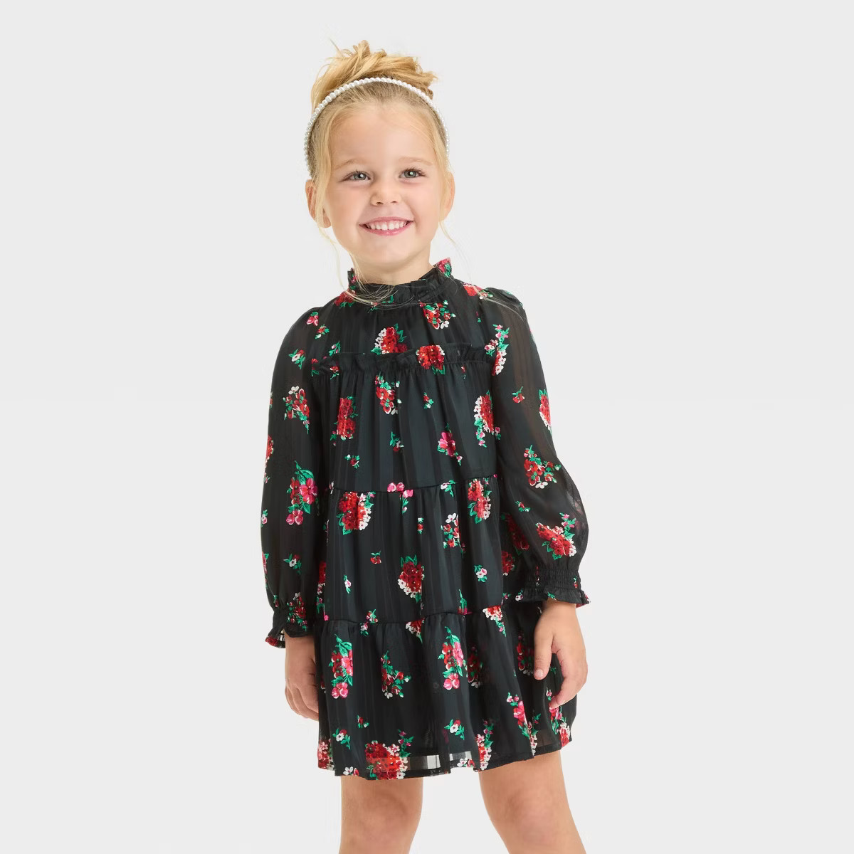 Toddler Girls' Long Sleeve Floral Printed Dress - Cat & Jack™ Black | Target