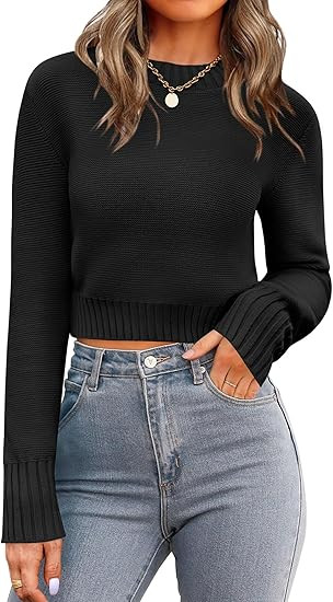 Zeagoo Women's 2026 Fall Crewneck Cropped Sweater Trendy Long Sleeve Ribbed Knit Pullover Jumper ... | Amazon (US)