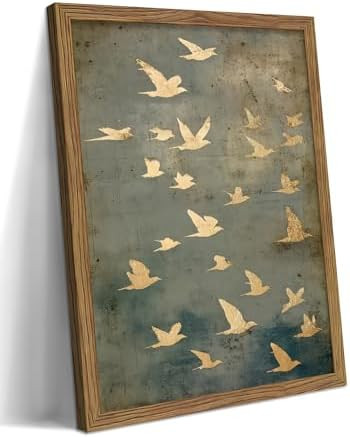 Framed Flock of Birds Canvas Wall Art, Vintage Minimalist Abstract Landscape Painting, Neutral Go... | Amazon (US)