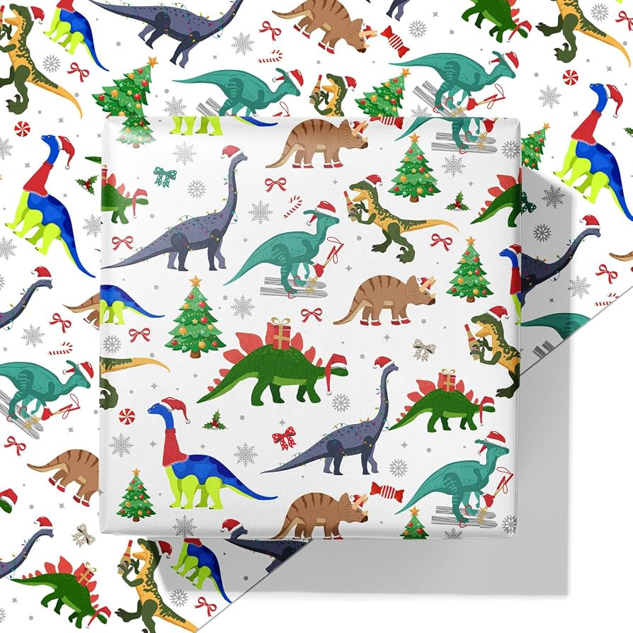 ZINTBIAL Dinosaur Christmas Wrapping Paper - Xmas Gift Wrap with Holiday Trees, Santa Hat, Snowfl... | Amazon (US)