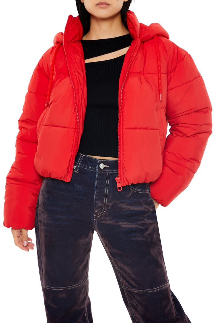 Women's Hooded Quilted Puffer Jacket in High Risk Red Medium | Forever 21