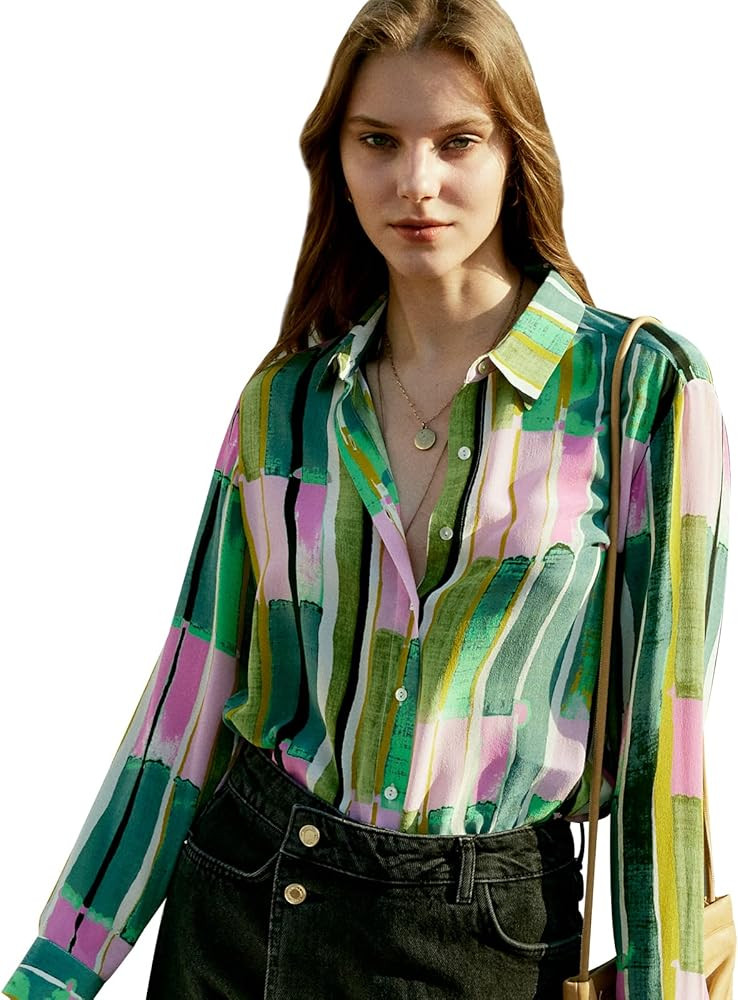 Women's 100% Pure Silk Blouse: Long Sleeve Button Down Shirt Spring Summer Elegant Tops - Women F... | Amazon (US)