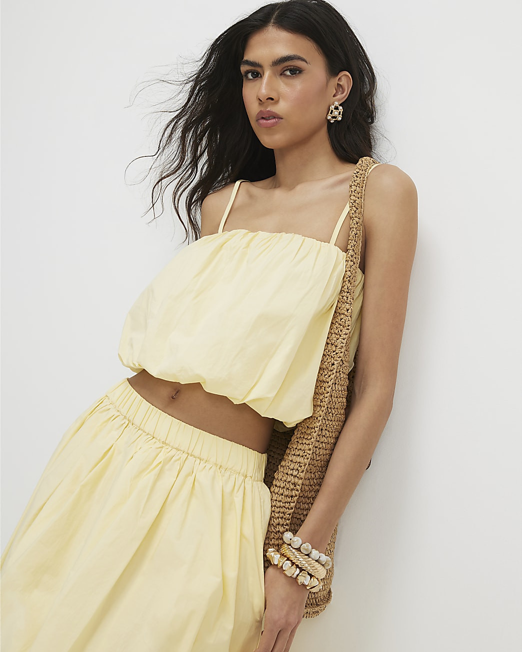 Yellow Poplin Bubble Hem Top | River Island UK & IE