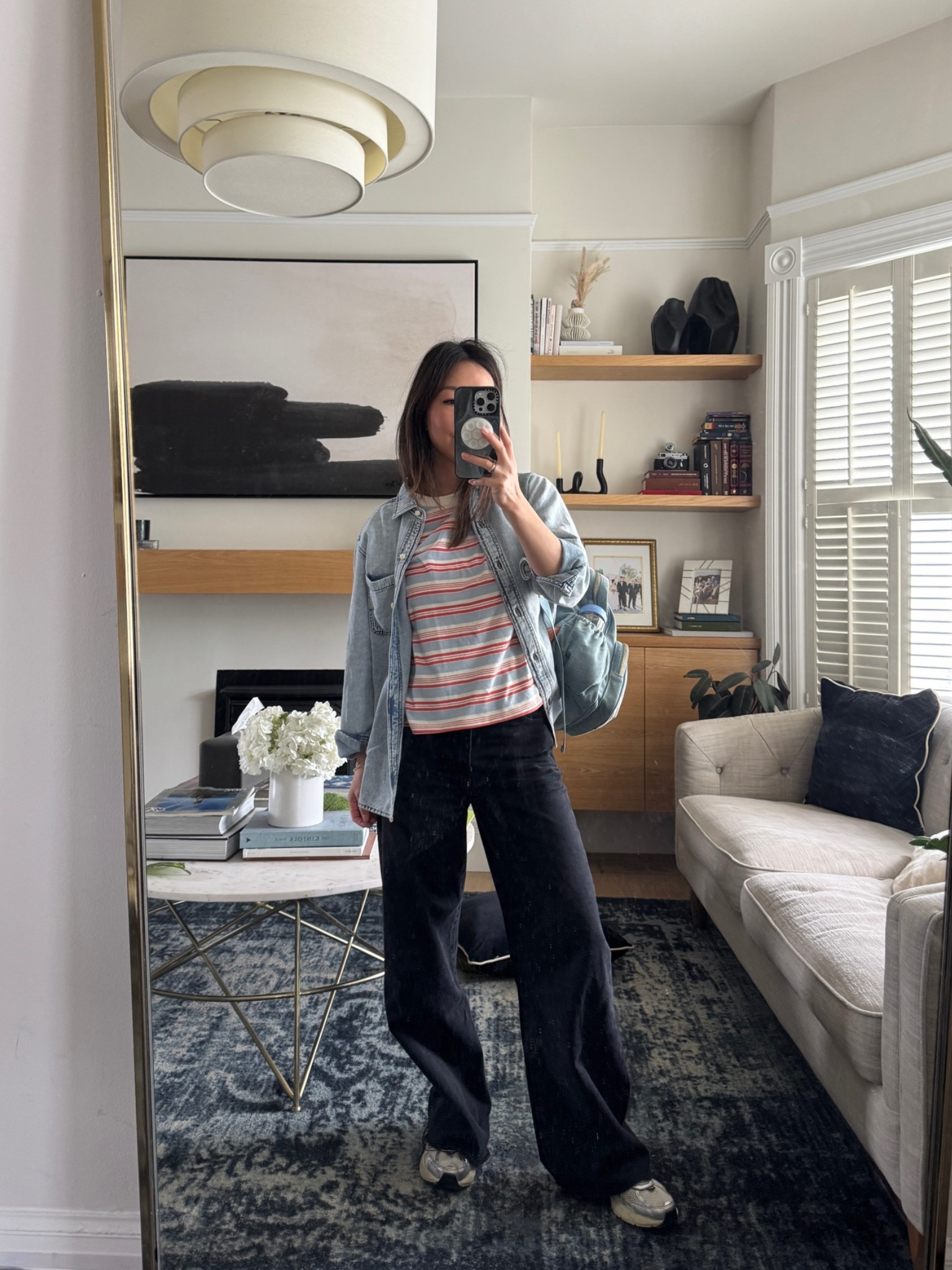 Mom outfit. Wearing size XS in the tee and S in the denim shirt