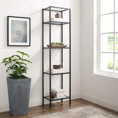 Narrow Bookshelf With Tempered Glass Shelves, Steel Frame Bookcase Storage, Art Deco Design | Wayfair North America