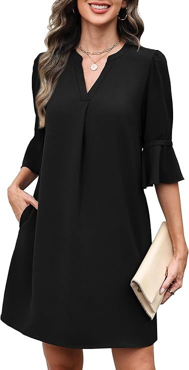 RUMIA Shift Dress for Women V Neck Ruffle Short Sleeve Loose Casual Summer Dress | Amazon (US)