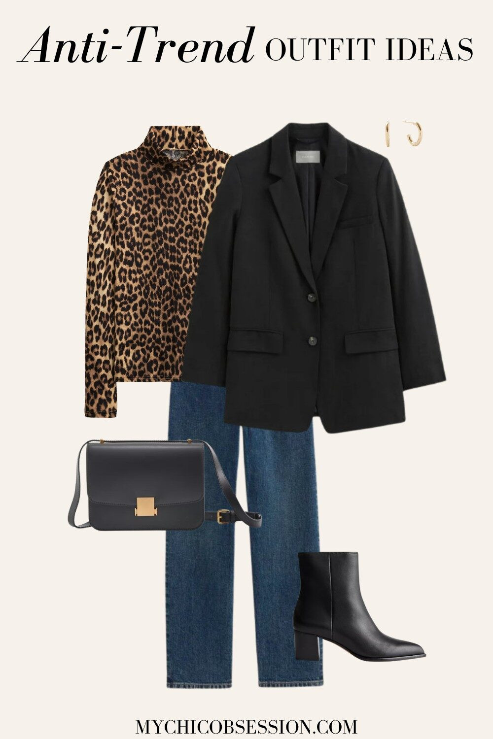 Style a classic, sophisticated look for an anti-trend vibe. Pair a leopard print turtleneck with a black blazer and jeans. Accessorize with black ankle boots and a leather bag. 

 #LTKSeasonal