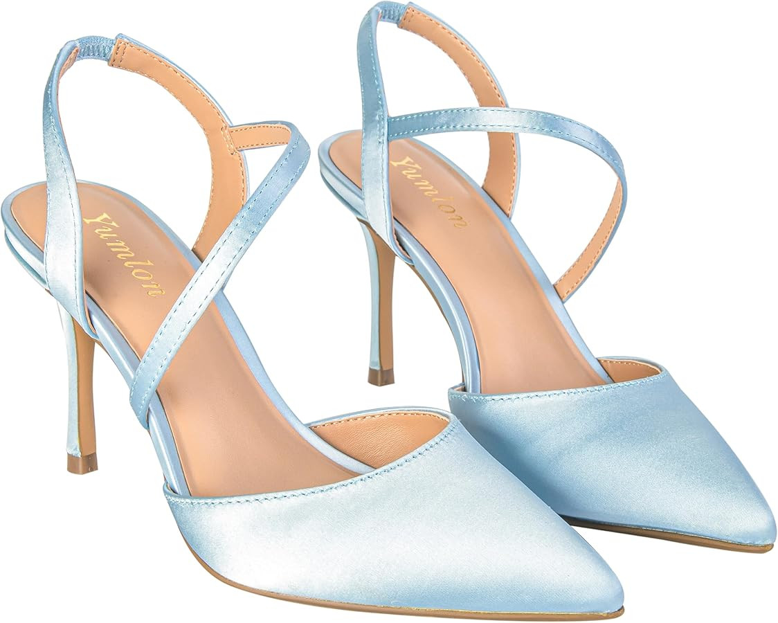Closed Toe Slingback Heels Wedding High Stiletto Heel for Women 3.3 Inch Ankle Strap Pointed Toe ... | Amazon (US)