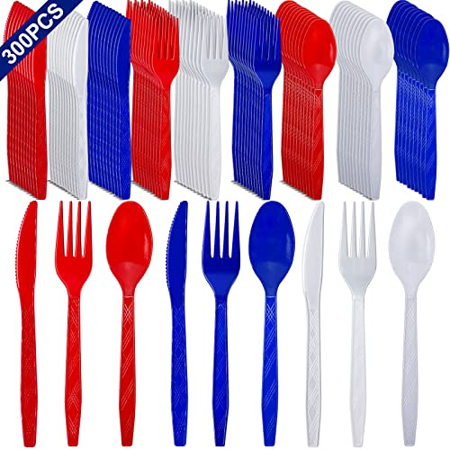 300 Pcs 4th of July Decorations Red White and Blue Party Supplies, Patriotic Plastic Silverware Set 250th Anniversary Disposable Utensil Cutlery 100 Spoons 100 Forks 100 Knives Memorial Day | Amazon (US)