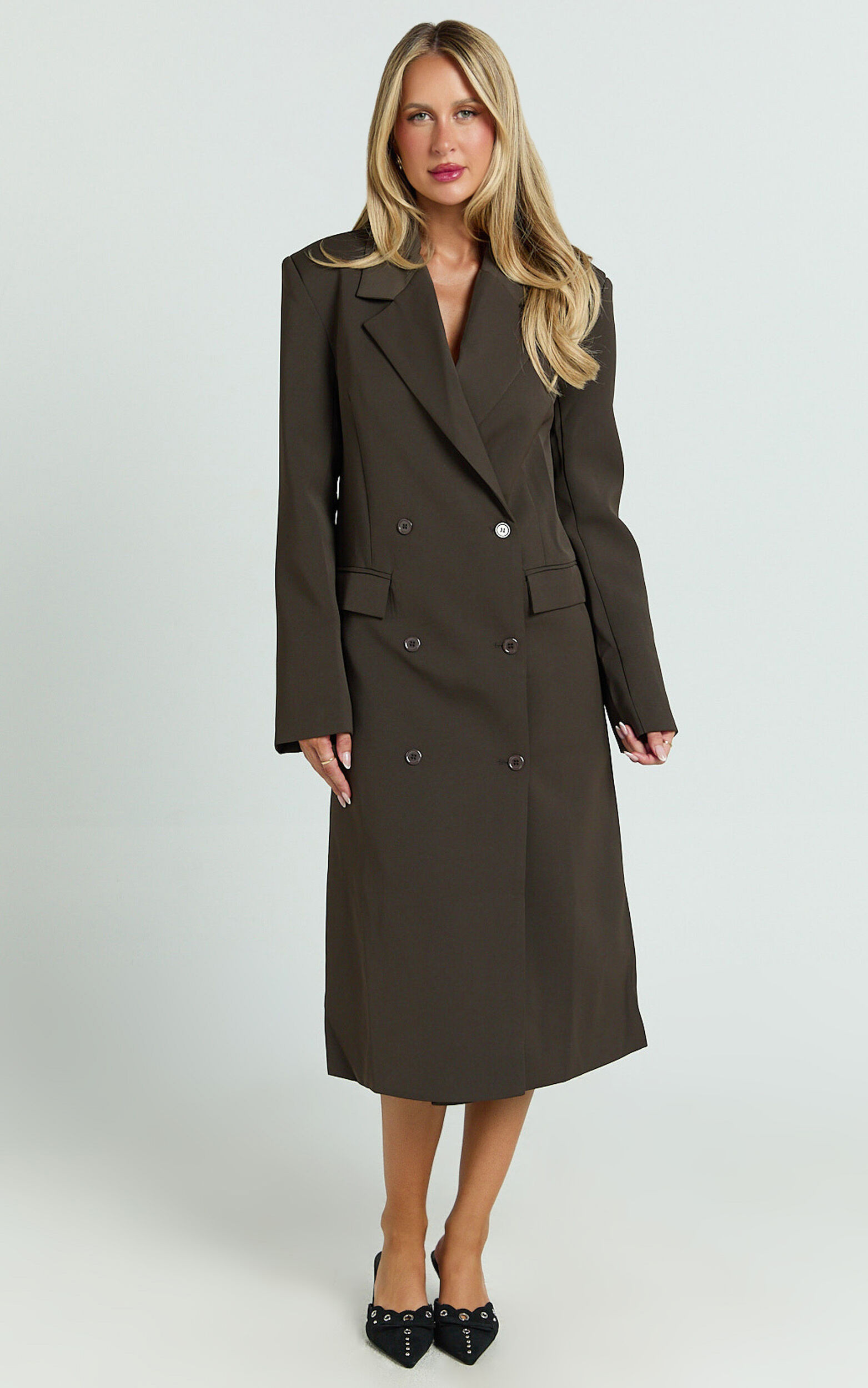 Lorena Coat - Double Breasted Longline Jacket in Dark Brown | Showpo (ANZ)