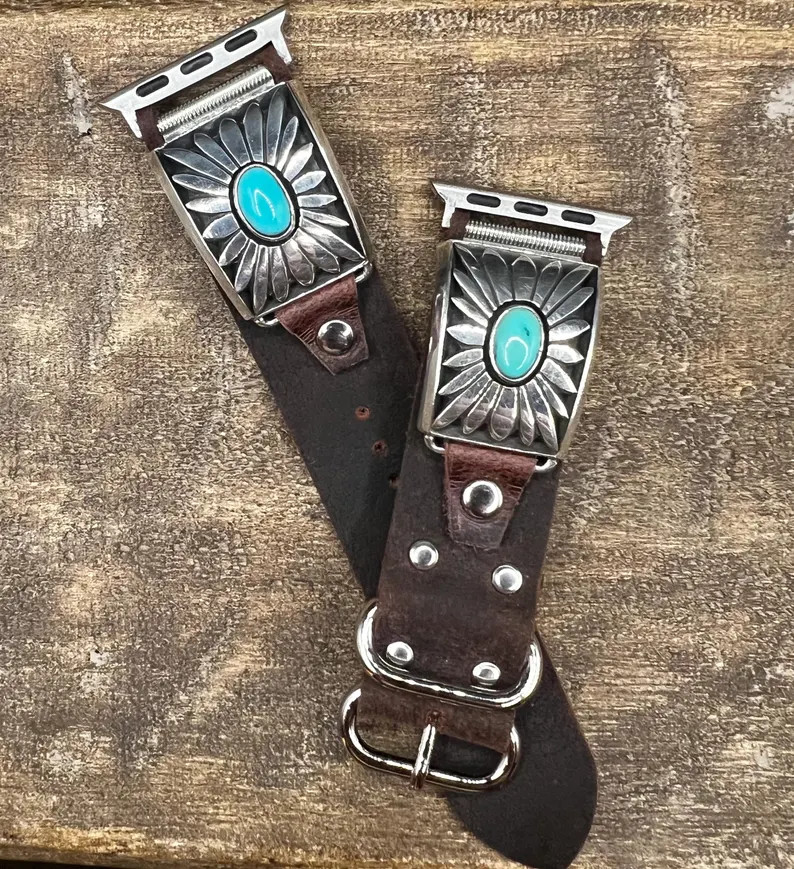 Custom Brown Leather Apple Watch Band Southwestern Style Sterling Silver and Turquoise Tips Signe... | Etsy (US)