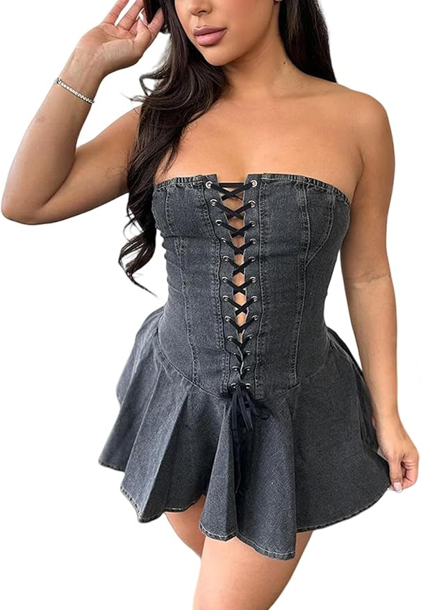 SHINFY Women's Summer Denim Dress Sexy Off Shoulder Strapless Bandage Bustier Pleated Corset Mini... | Amazon (US)