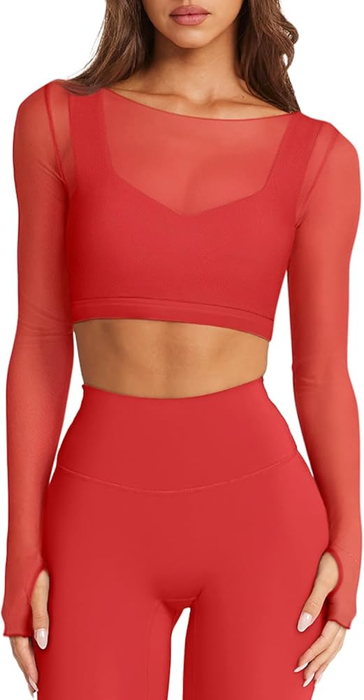 LASLULU Mesh Long Sleeve Crop Tops for Women Double Lined Workout Athletic Gym Shirts Cropped Top... | Amazon (US)