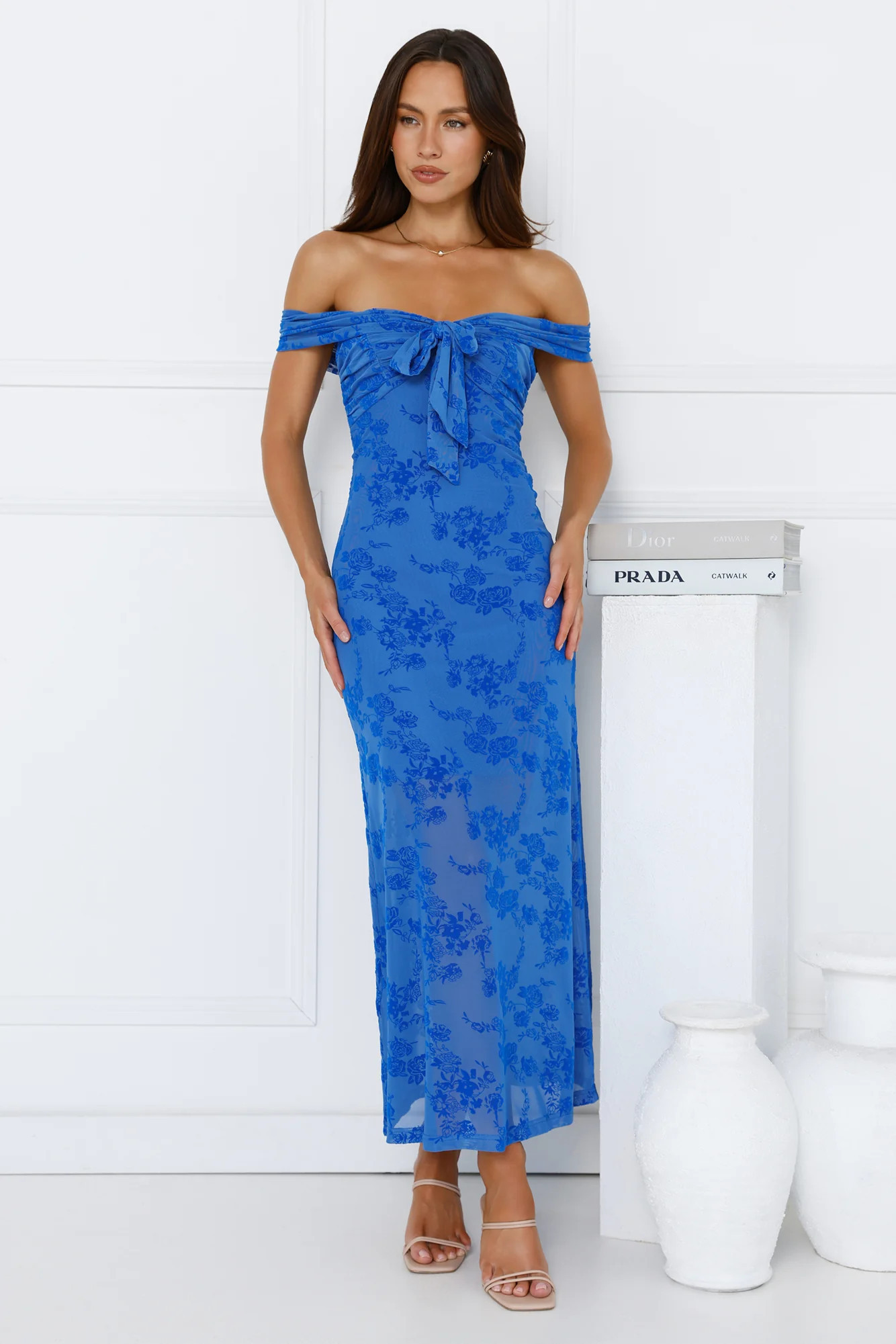 Girly Luxe Off Shoulder Mesh Maxi Dress Blue | Hello Molly (AU)