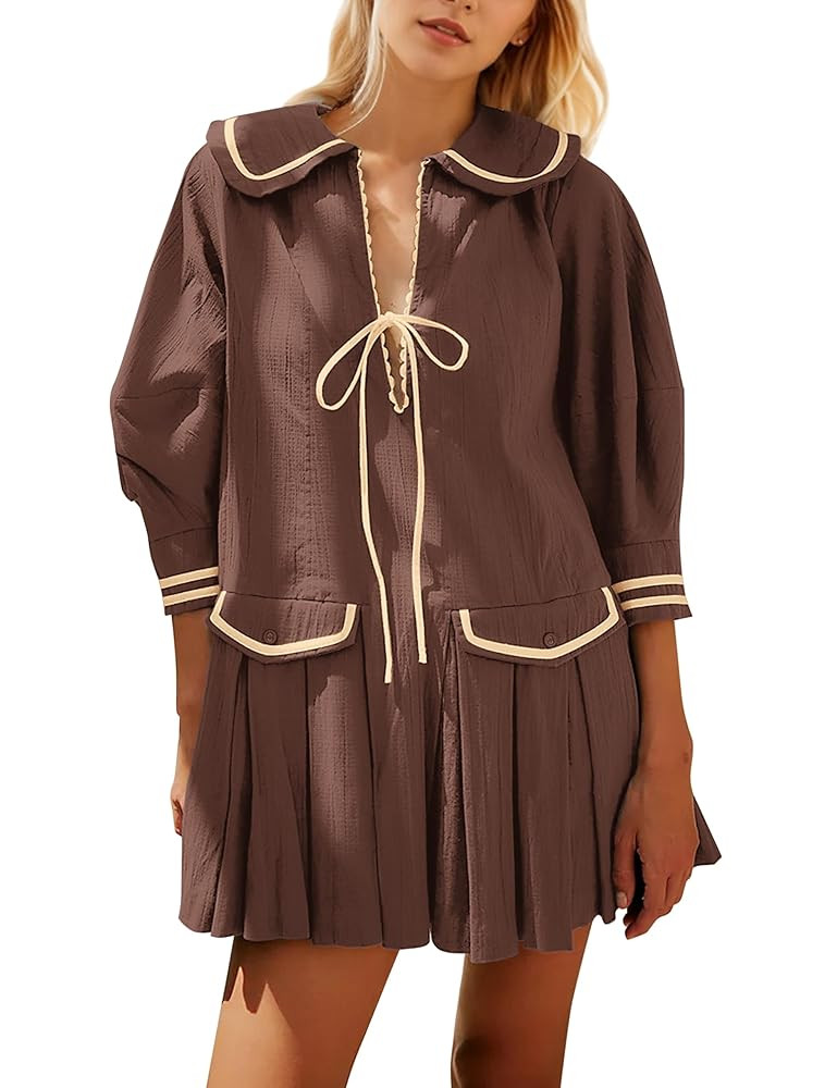 Women Cute Bow Tie Up Open Front Mini Dress Lapel Contrast Binding 3/4 Sleeve Mini Dress Pleated ... | Amazon (US)