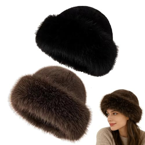 2PCS Womens Winter Faux Fur Bucket Hat, Black and Brown Warm Faux Mink Plush Hat, Fit Head Sizes 22.5" - 23.1", Fluffy Fisherman Fuzzy Bucket Hat, Russian Hat for Outdoor | Amazon (US)