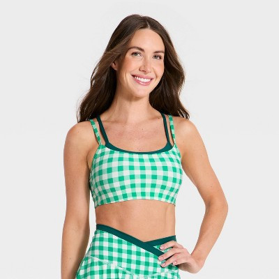 Women's Everyday Soft Light Support Layered Sports Bra - All In Motion™ Green Gingham XS | Target