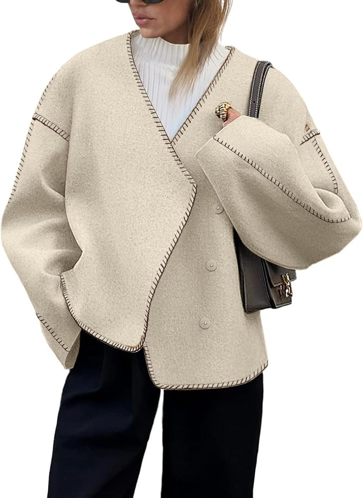 Cicy Bell Womens Cropped Pea Coat Oversized Wool Blend Fall Coats V Neck Embroidered Short Jacket... | Amazon (US)