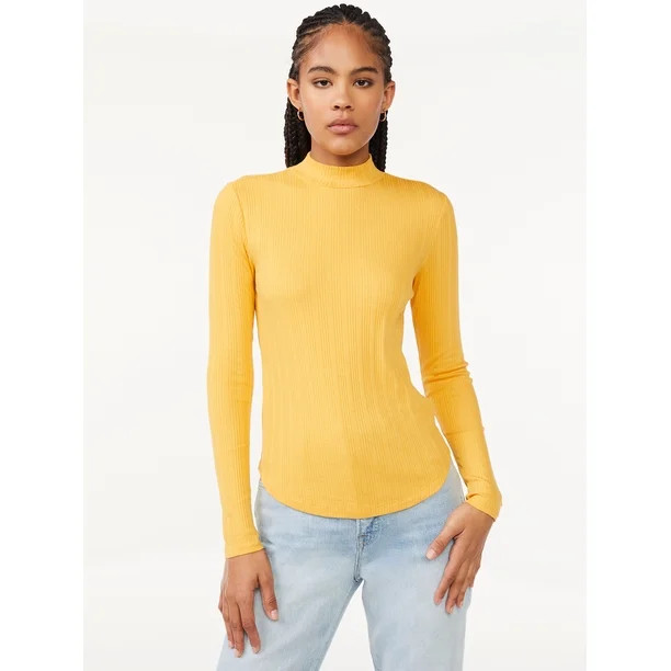 Free Assembly Women's Mock Neck Novelty Rib Tee with Long Sleeves | Walmart (US)