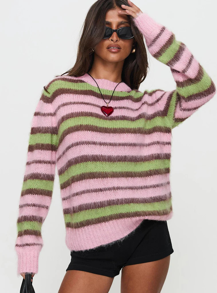 Maysie Crew Neck Knit Sweater Green / Pink | Princess Polly US