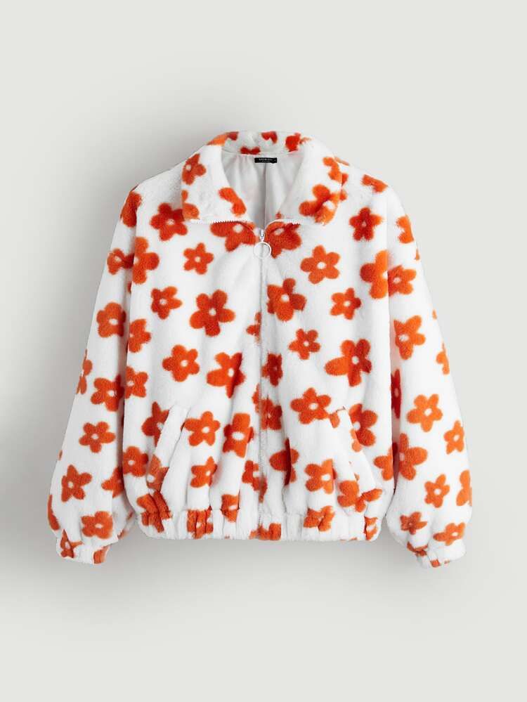 SHEIN MOD Allover Floral Pattern Slant Pockets Fuzzy Jacket | SHEIN
