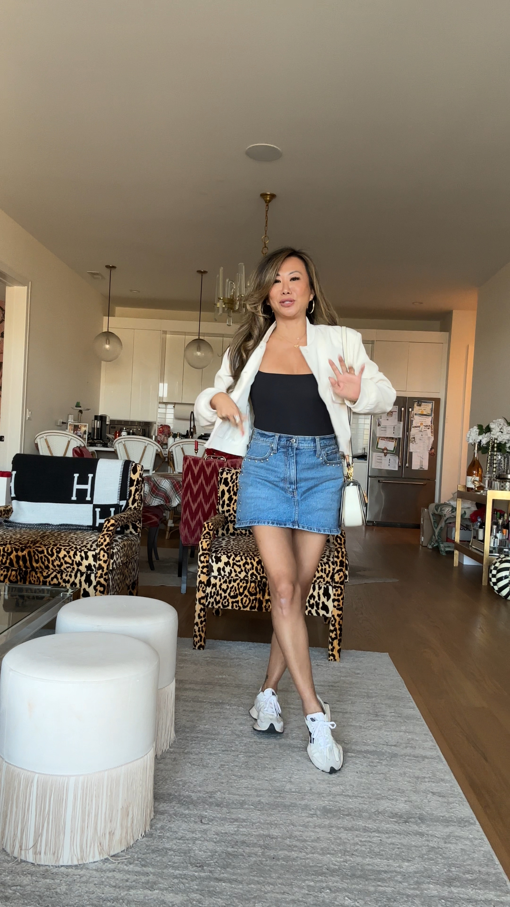 Ootd outfit of the day, Amazon jacket, black bodysuit, denim skirt, Amazon purse, new balance sneakers, all size small and skirt size 4 

#LTKFindsUnder100 #LTKStyleTip #LTKVideo