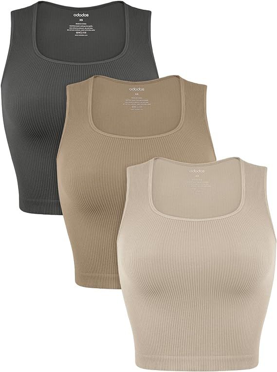 ODODOS 3-Pack Seamless Square Neck Tank for Women Ribbed Longline Crop Tops | Amazon (US)