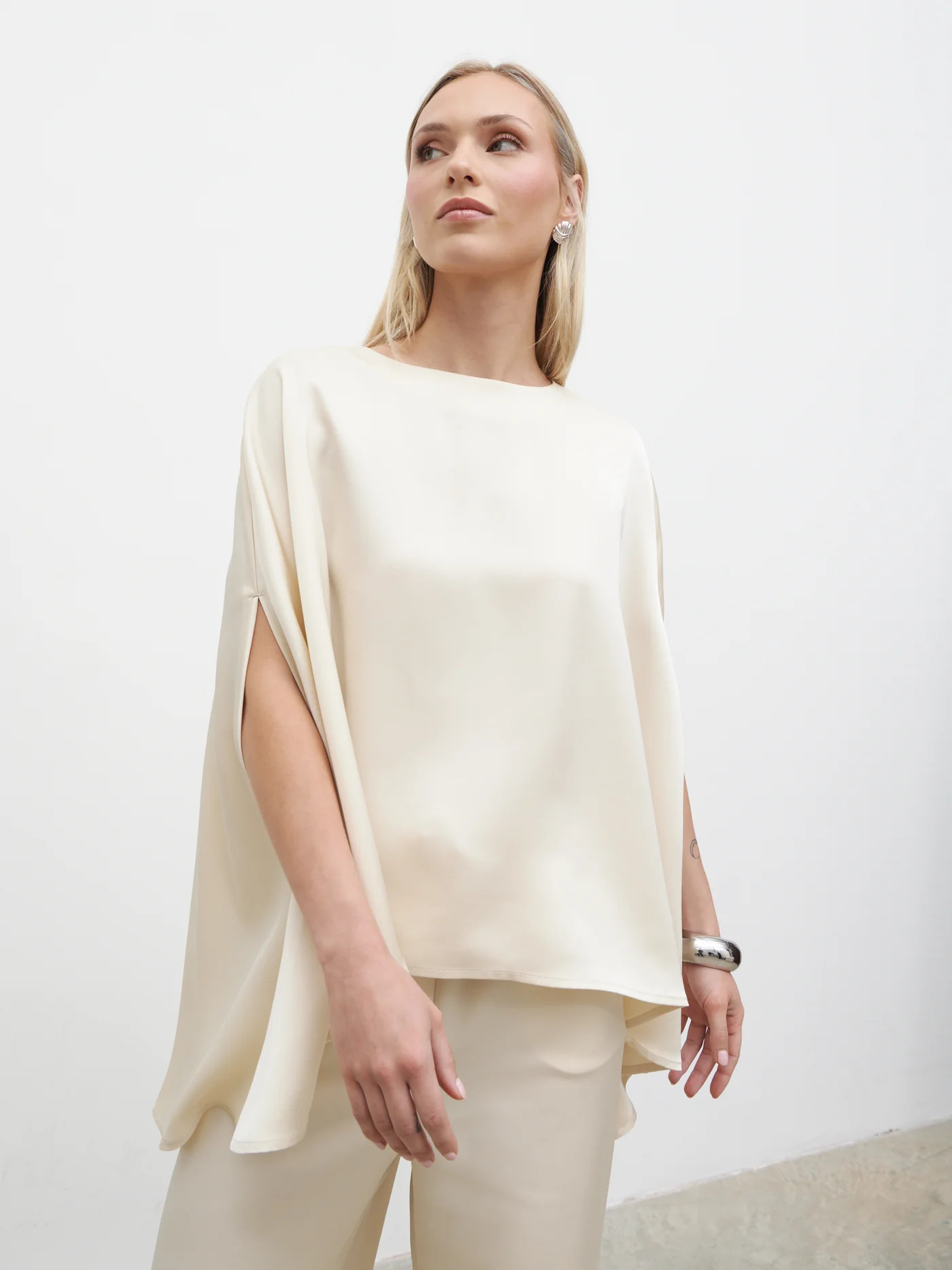 Breya Cape Floaty Satin Top - Oyster | Pretty Lavish (UK)
