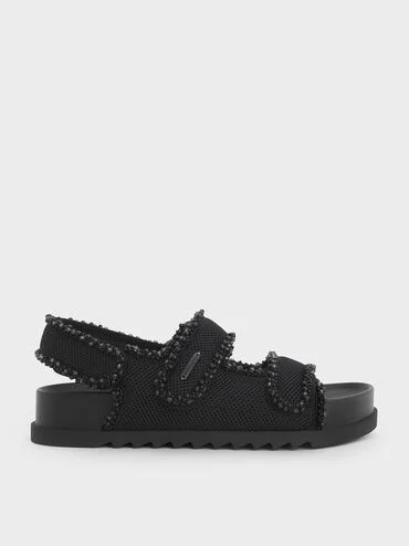 Mesh Pearl-Embellished Flatform Sandals
    
         - Black Textured | Charles & Keith US