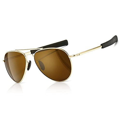 SUNGAIT Aviator Sunglasses for Men Polarized Military Style 100% UV400 Protection Pilot Bayonet Temples (Gold Frame/Brown Lens, 58) SGT288JC | Amazon (US)