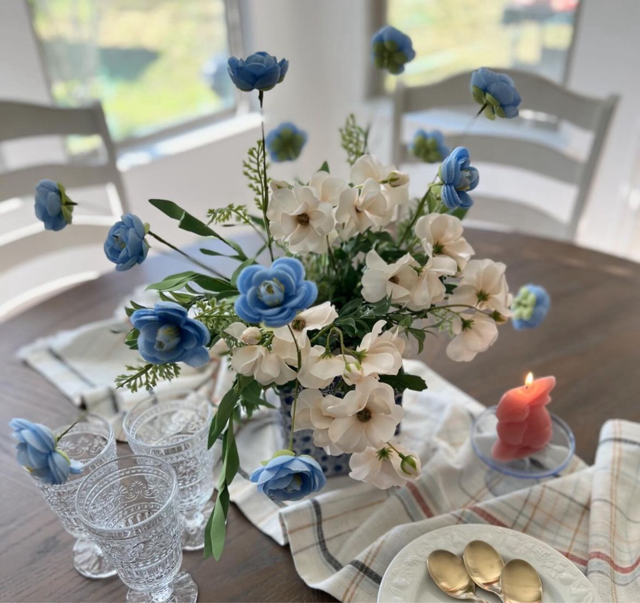 Breakfast table styled with blue Ranunculus florals. Similar gobblets/drinking glasses.

#LTKSeasonal #LTKhome