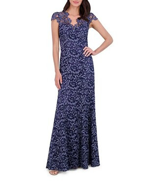 Illusion Lace Neck Cap Sleeve V-Neck Mermaid Gown | Dillard's