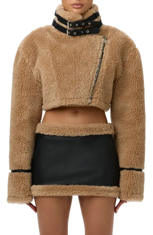 Naked Wardrobe Reversible Faux Shearling Crop Moto Jacket in Black/Tan at Nordstrom, Size Small | Nordstrom