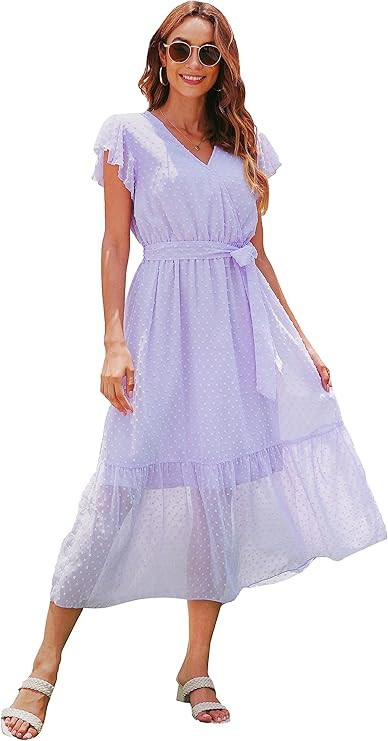 VintageClothing Women's Floral Summer Dress Wrap V Neck Ruffle Midi Dress | Amazon (US)