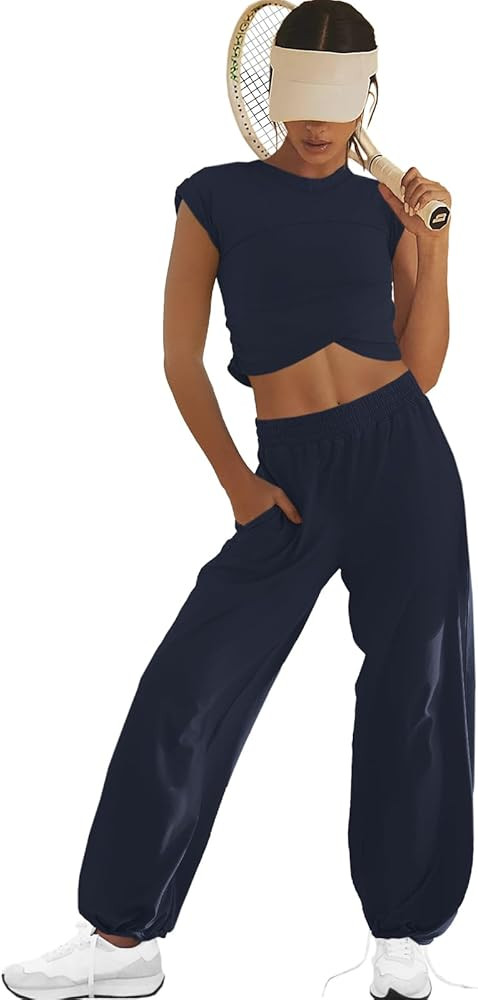 LAMISSCHE Womens Loungewear Set 2 Piece Outfits Sets Cropped Tops and Wide Leg Pants with Pockets... | Amazon (US)